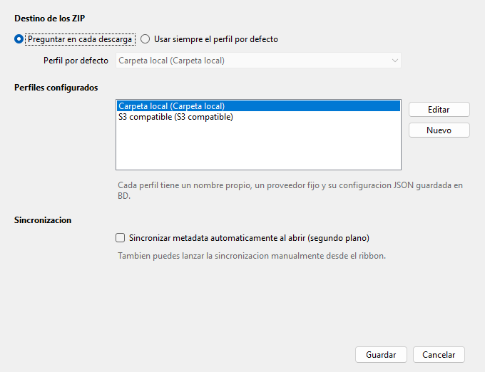 RepoSaver storage settings showing ZIP destination profiles and synchronization options.